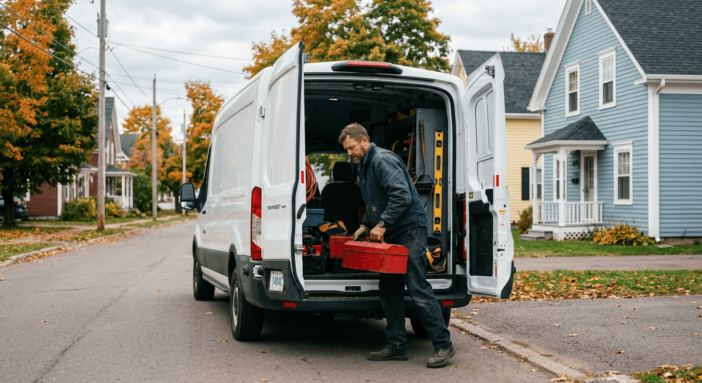 An independent tradesperson loading tools into a work van on a residential street