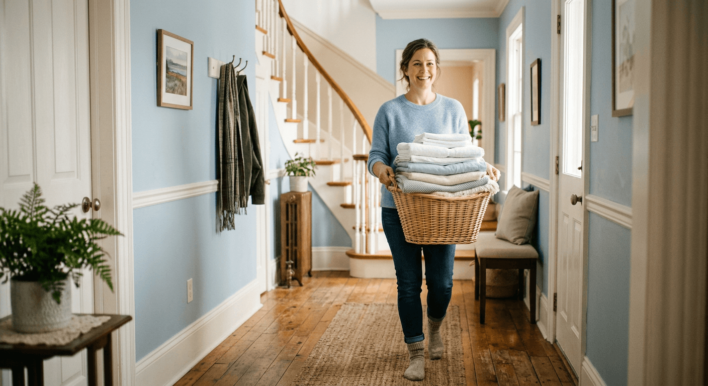 A friendly helper carrying a basket of folded linens through a bright, tidy home